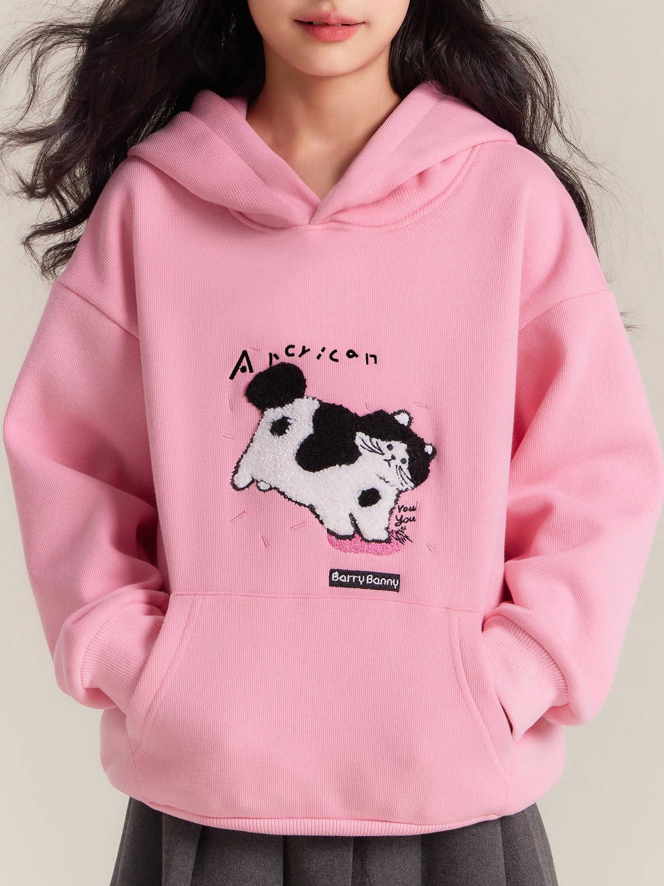 Girls Pink Cat Hoodie Sweatshirt Fleece Lined Casual Top