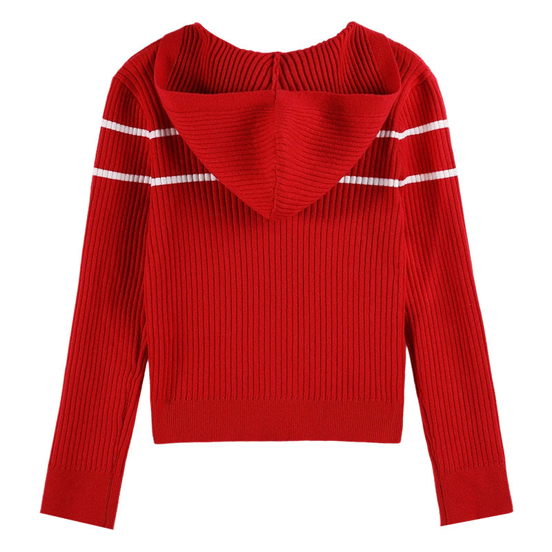 Girls' Striped Knit Hoodie Sweater with Long Sleeves