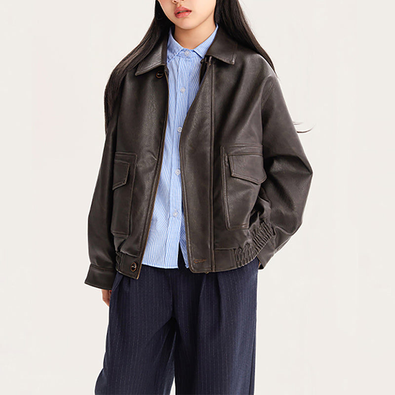 Kids Oversized Vintage Faux Leather Jacket Casual