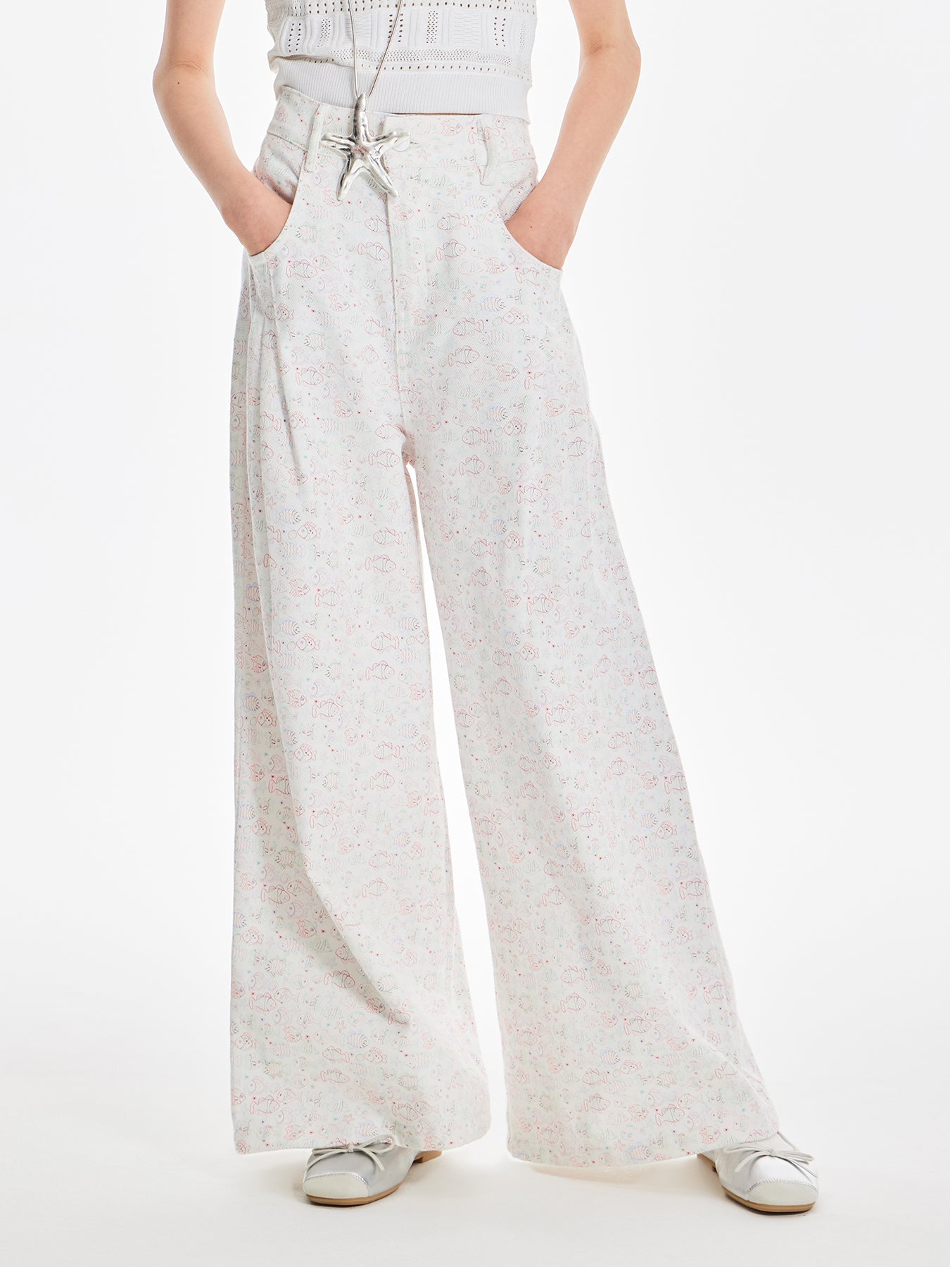 Girls Cotton Wide Leg Pants Summer Fish Print