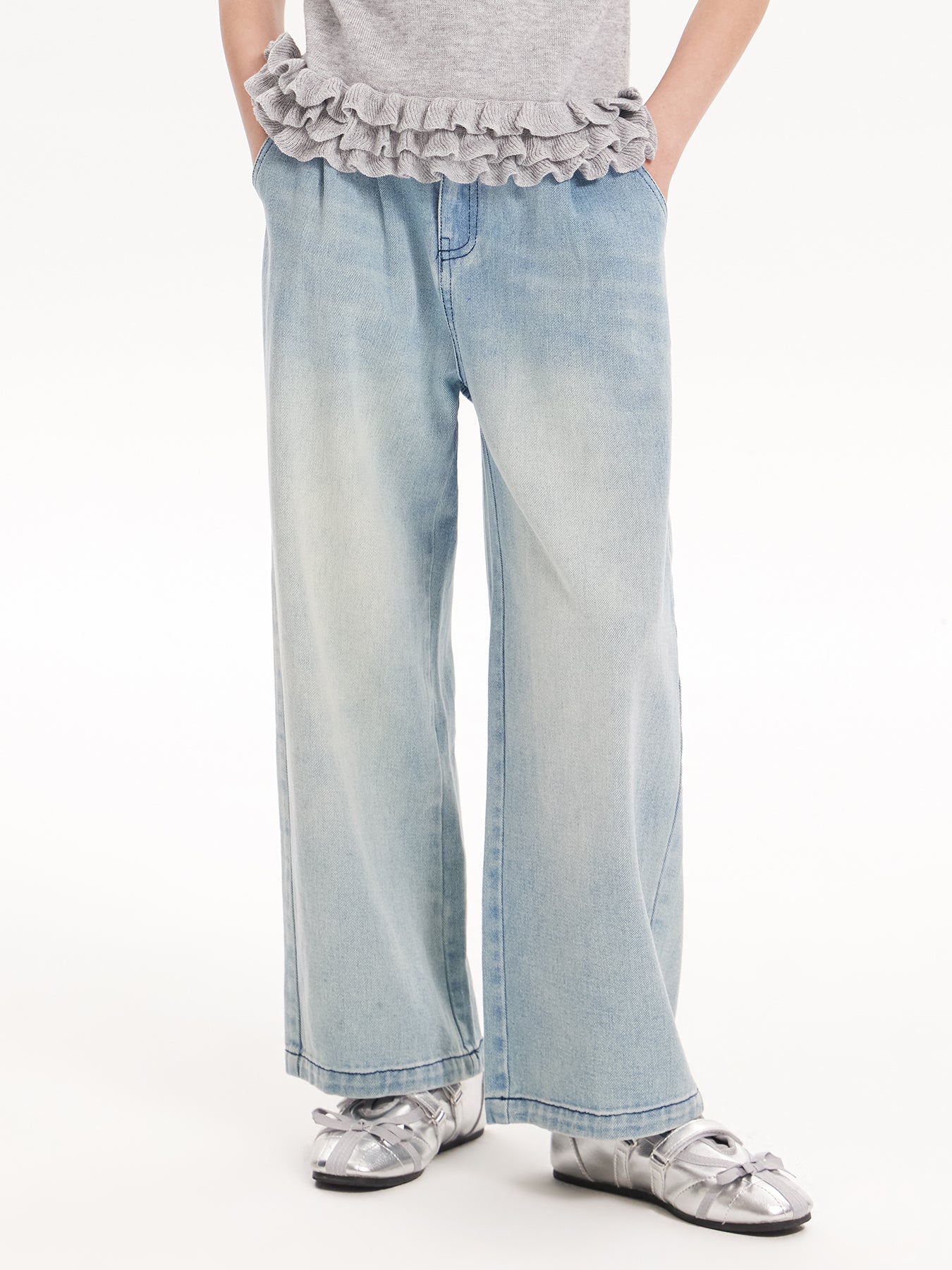 2025 Spring Girls Washed Straight Leg Denim Jeans | Solid Color Long Pants