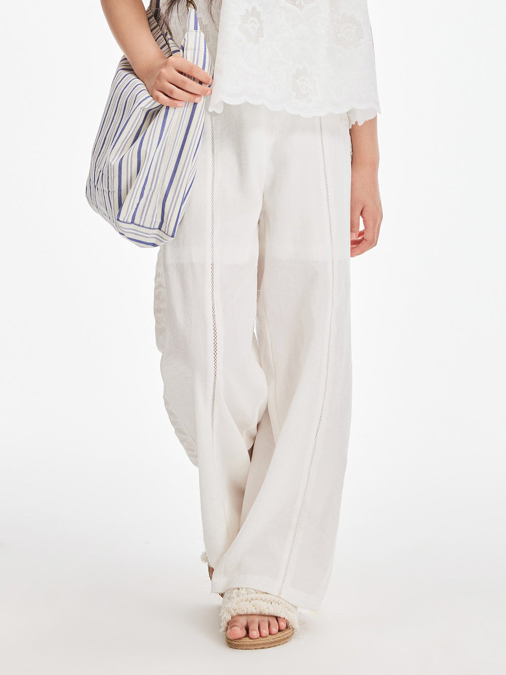 Girls White Loose Fit Wide Leg Casual Pants
