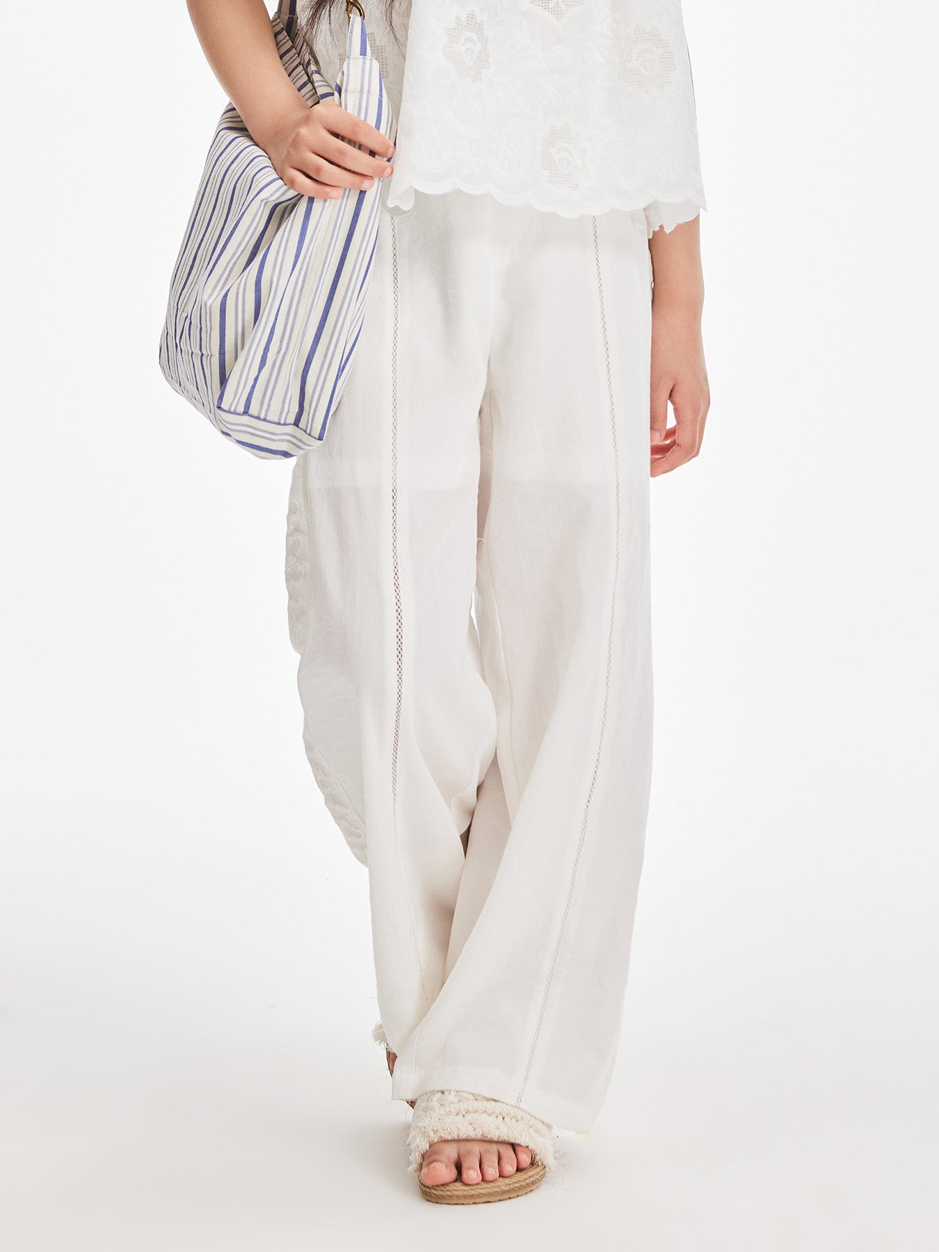 Girls White Loose Fit Wide Leg Casual Pants