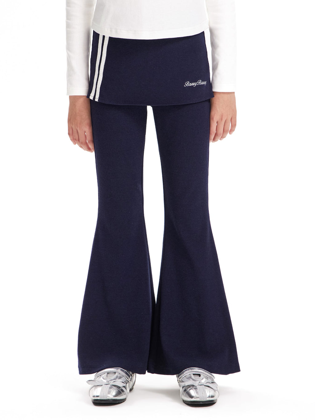 Girls Flared Pants with Skirt Overlay and Logo Embroidery