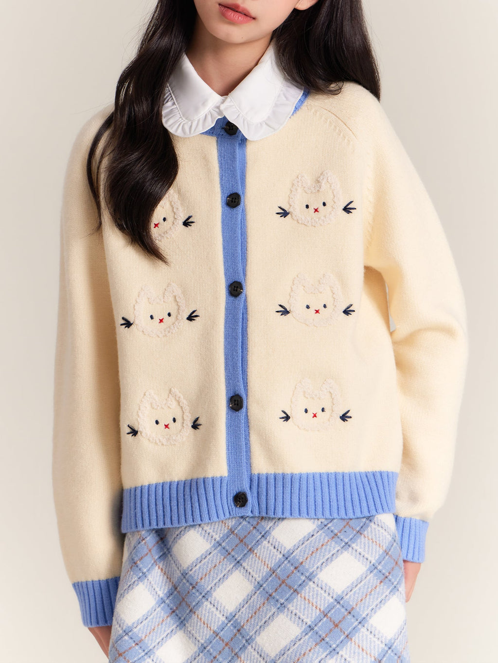Girls Cat Embroidered Knit Cardigan Sweater