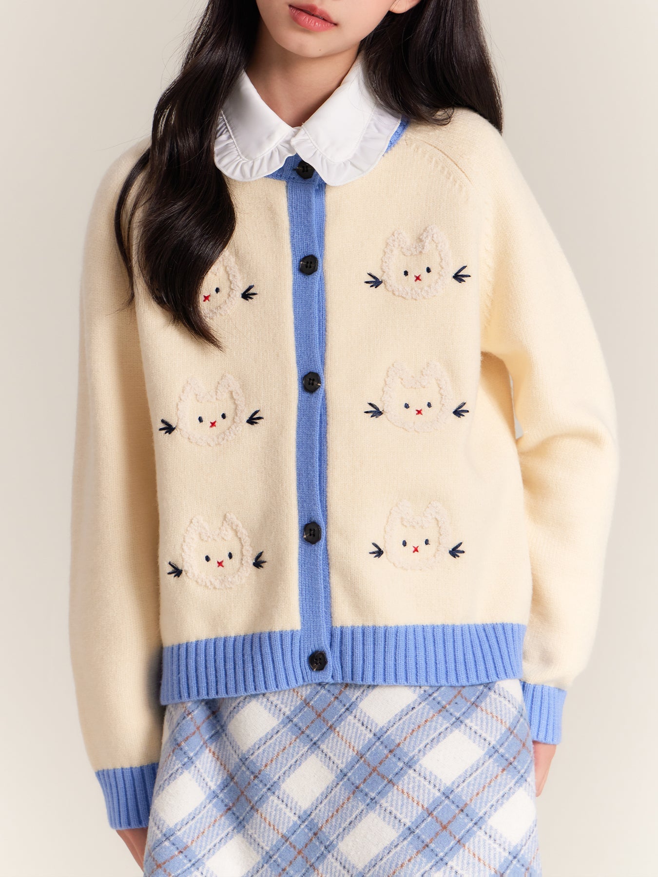 Girls Cat Embroidered Knit Cardigan Sweater
