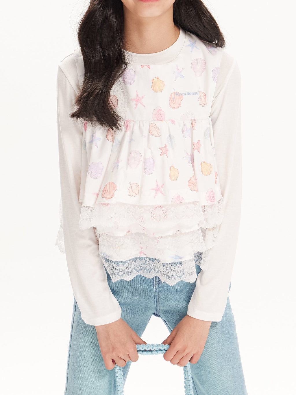 Girls Lace Layered Seashell Print Sleeveless Vest Top
