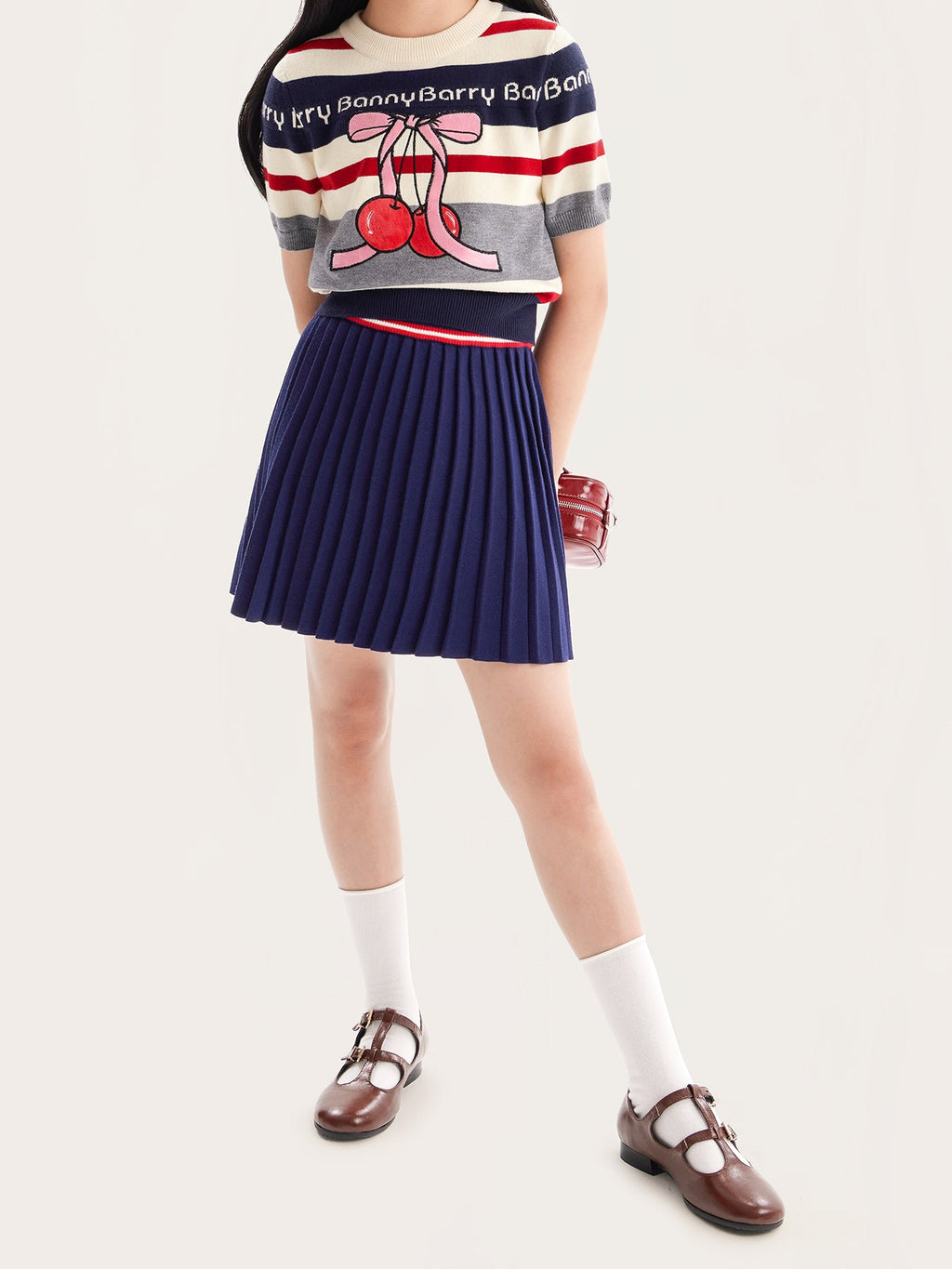 Vintage Striped Cherry Knit Top for Girls - Retro British Style