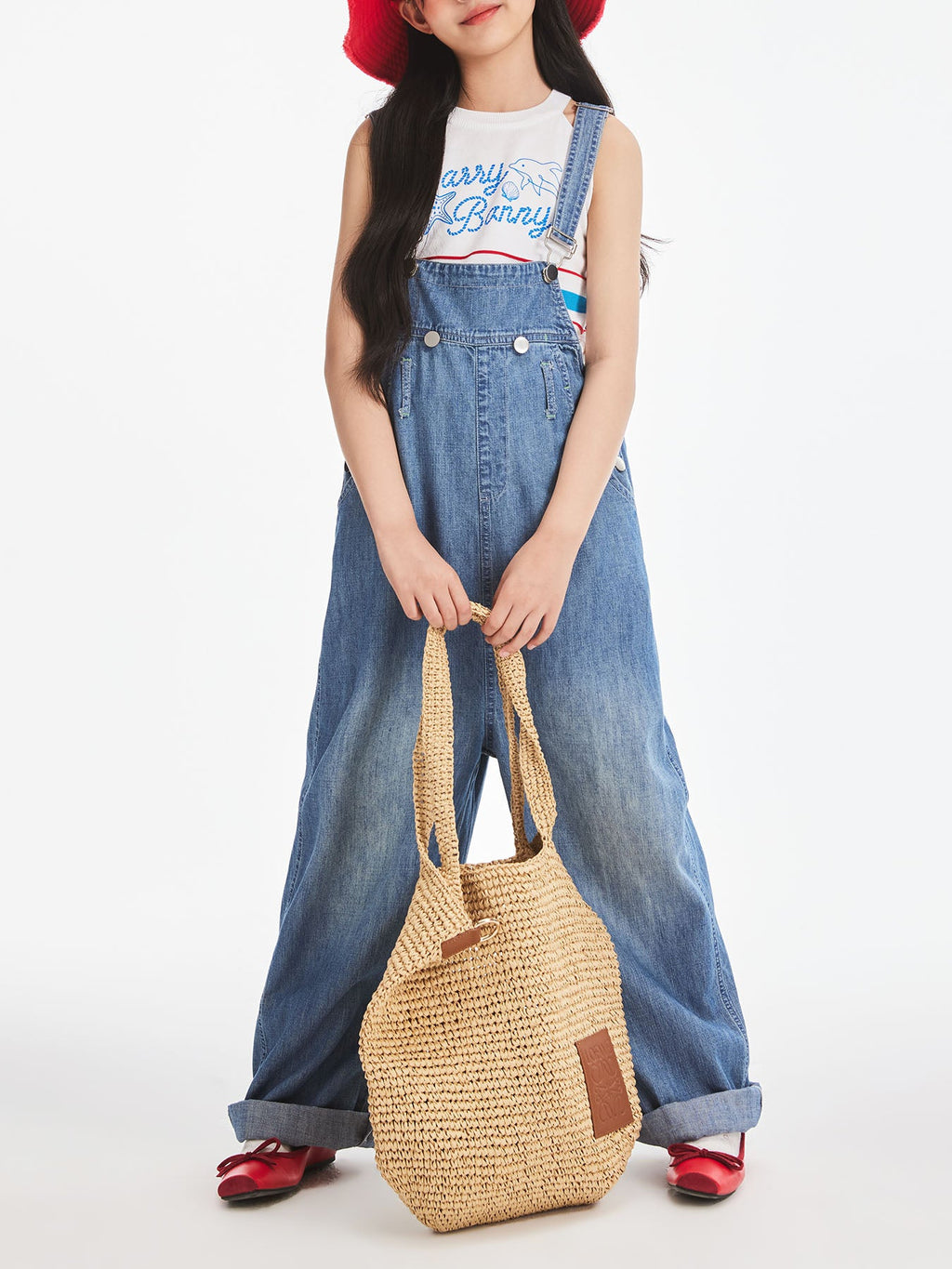 Girls Classic Cotton Denim Overalls Wide Leg Jumpsuit