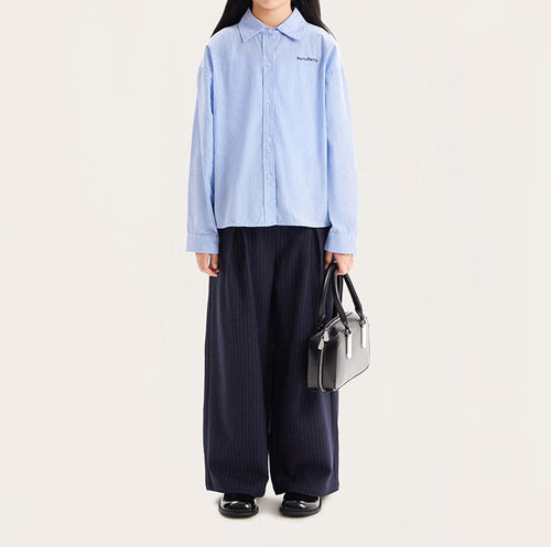 Girls Blue Cotton Long Sleeve Button Down Shirt