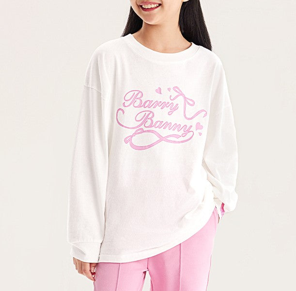 Girls Sweet Print Long Sleeve White Crewneck Tee