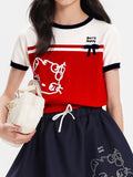 Girls Red Knit Bow Crew Neck Short Sleeve T-Shirt