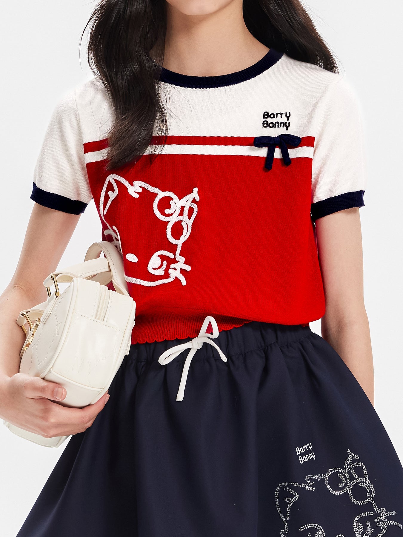 Girls Red Knit Bow Crew Neck Short Sleeve T-Shirt
