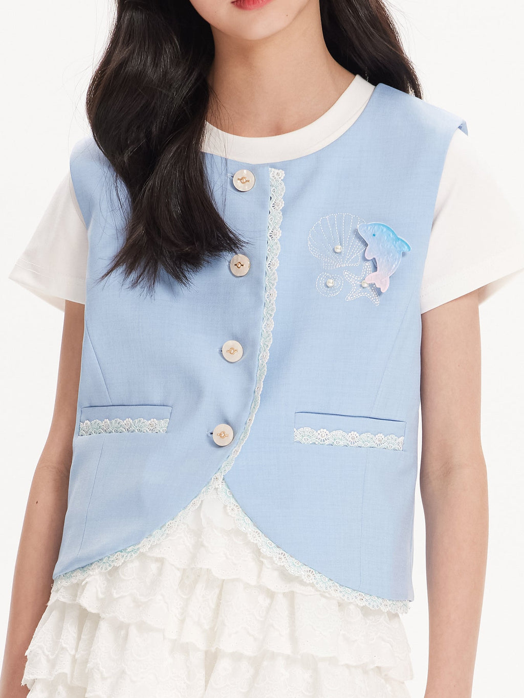 Girls Dolphin Embroidered Lace Trim Sleeveless Vest Top