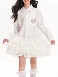 Girls White Ruffle Shirt Dress with Collar and Heart Pocket