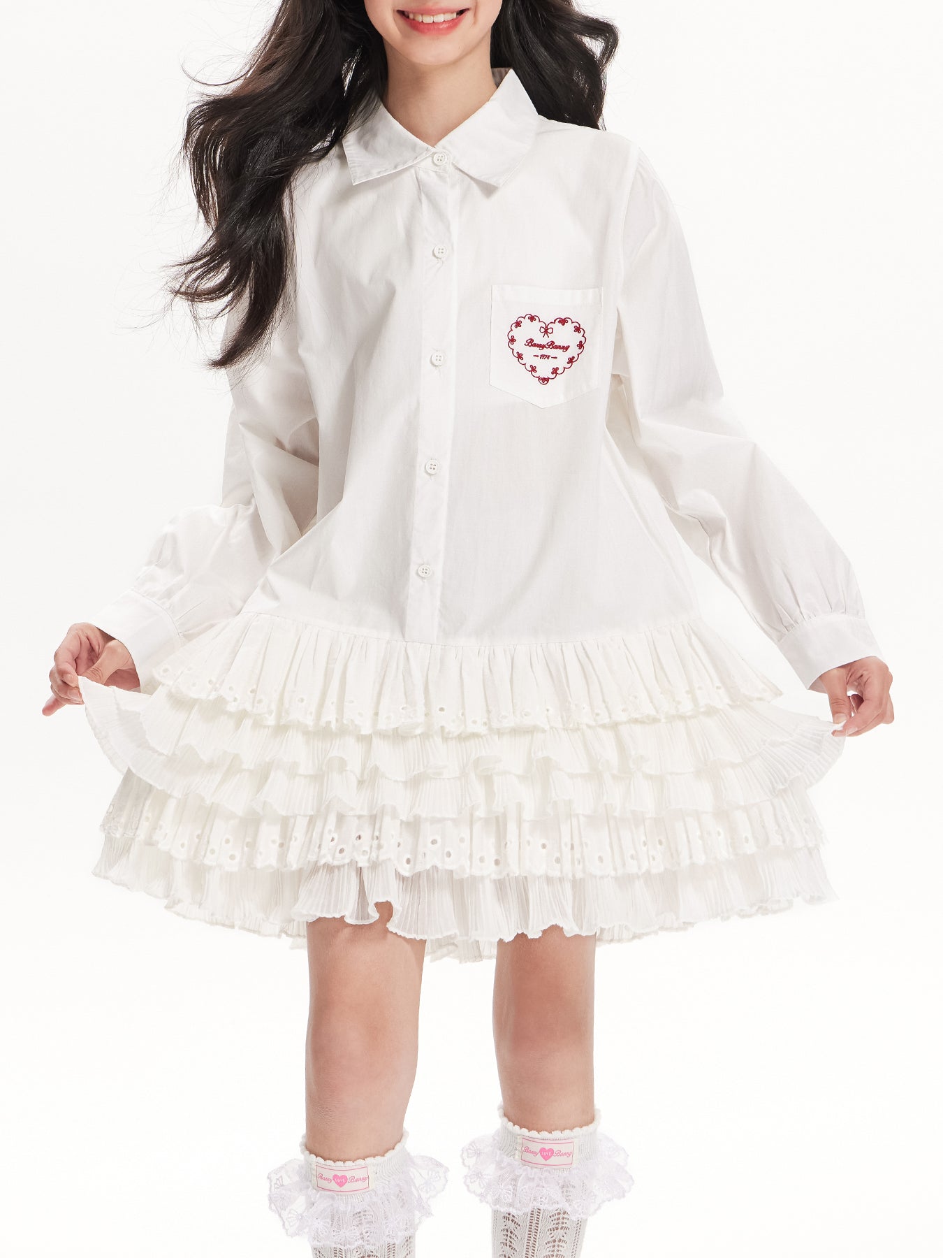 Girls White Ruffle Shirt Dress with Collar and Heart Pocket