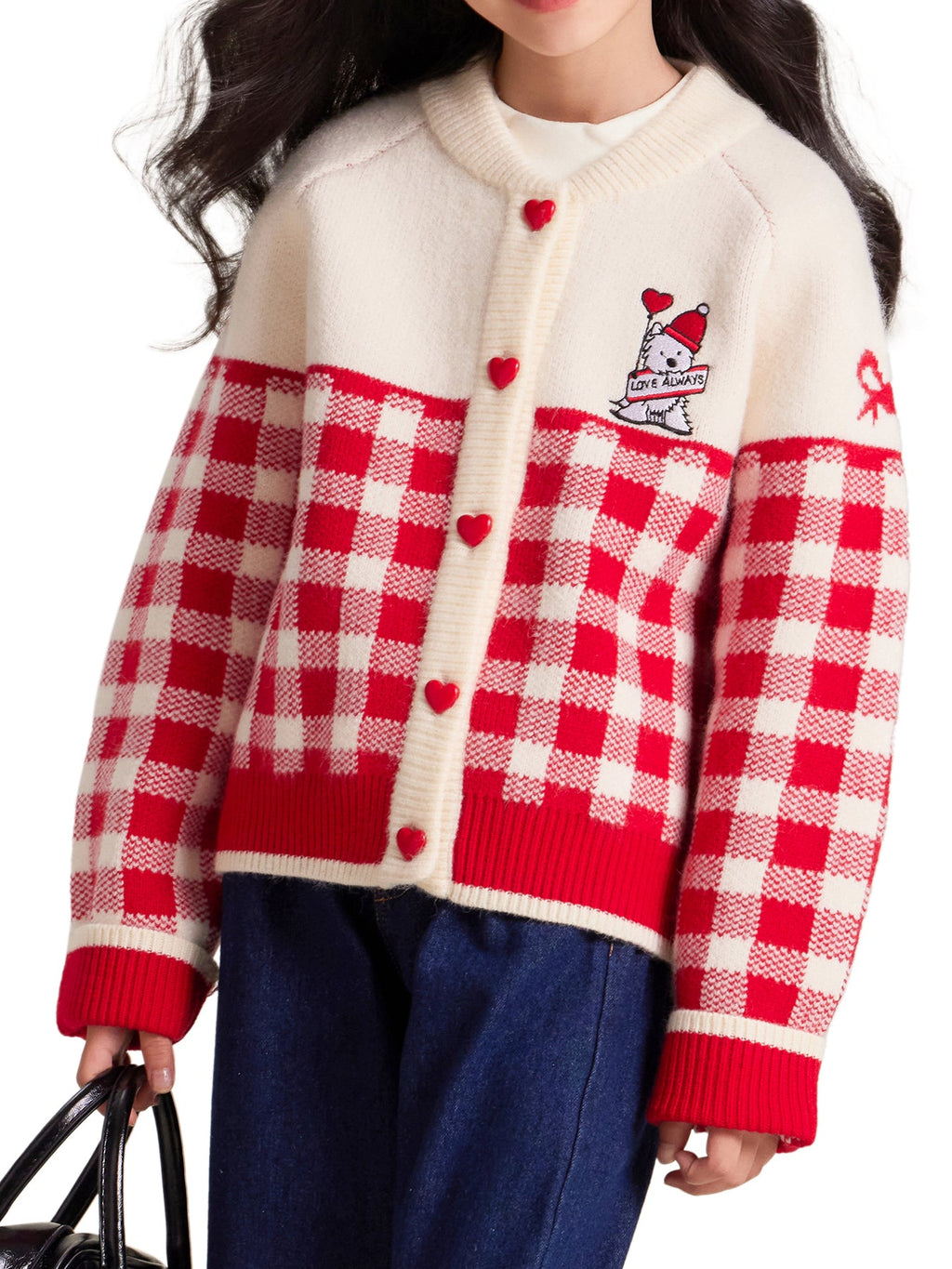 Girls Red Plaid Knit Cardigan Sweater with Heart Buttons