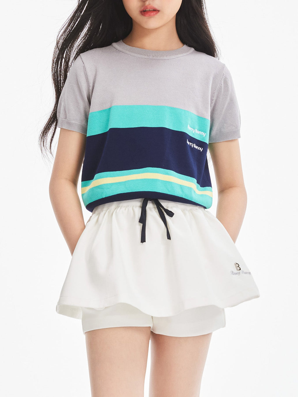Girls Summer Knit Color Block Crew Neck Short Sleeve Top