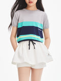 Girls Summer Knit Color Block Crew Neck Short Sleeve Top