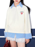Layered Look Pullover Sweatshirt with Check Shirt Hem
