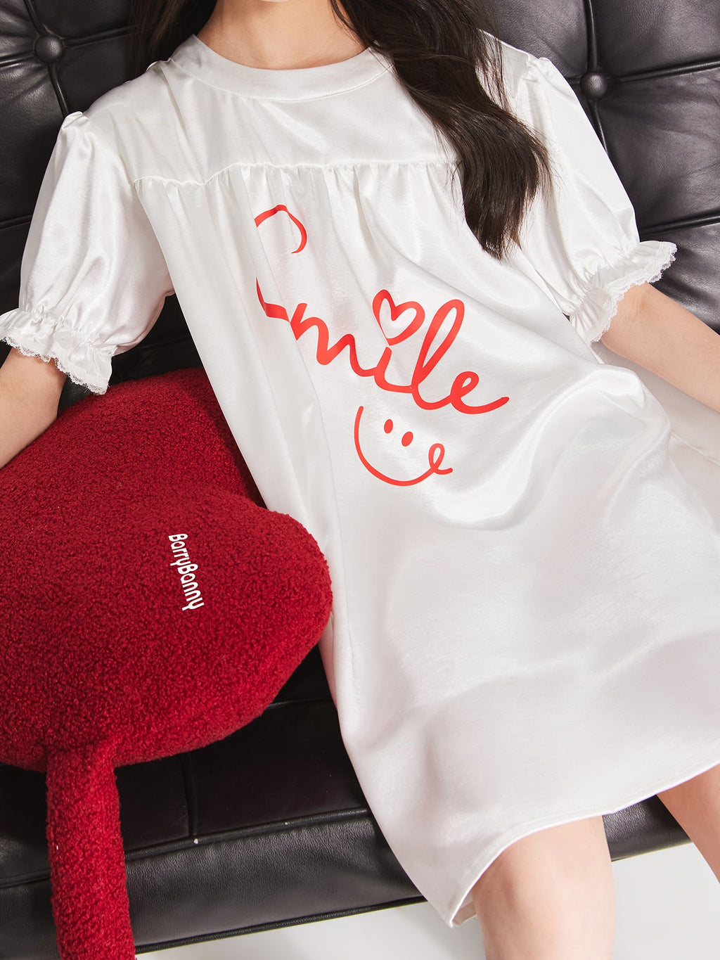 Girls White Satin Letter Print Puff Sleeve Dress