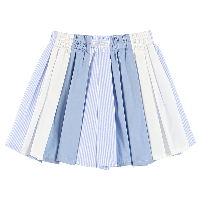 Blue & White Colorblock Pleated Skirt for Girls