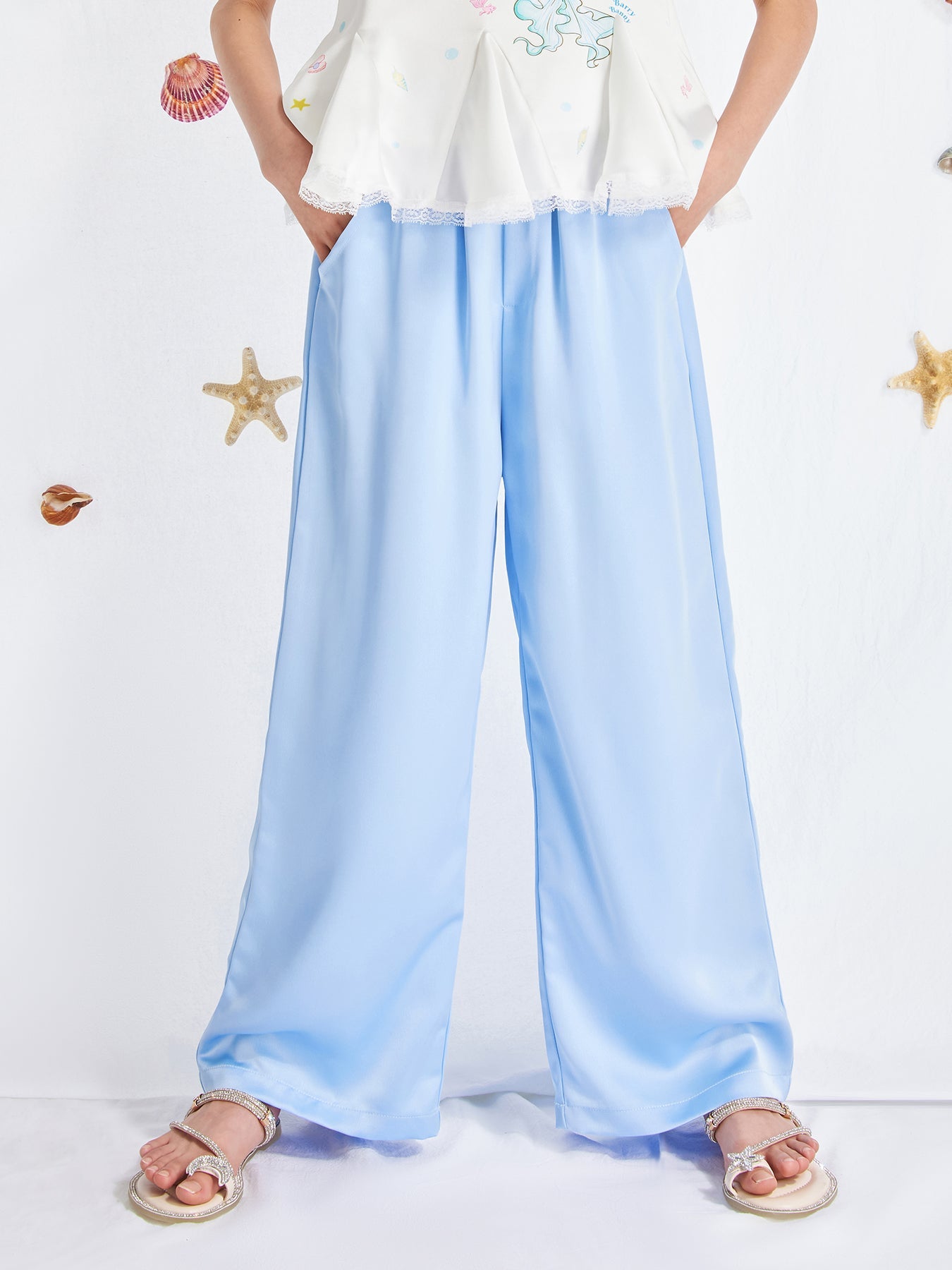 Girls Satin Wide Leg Pants Loose Sky Blue Trousers