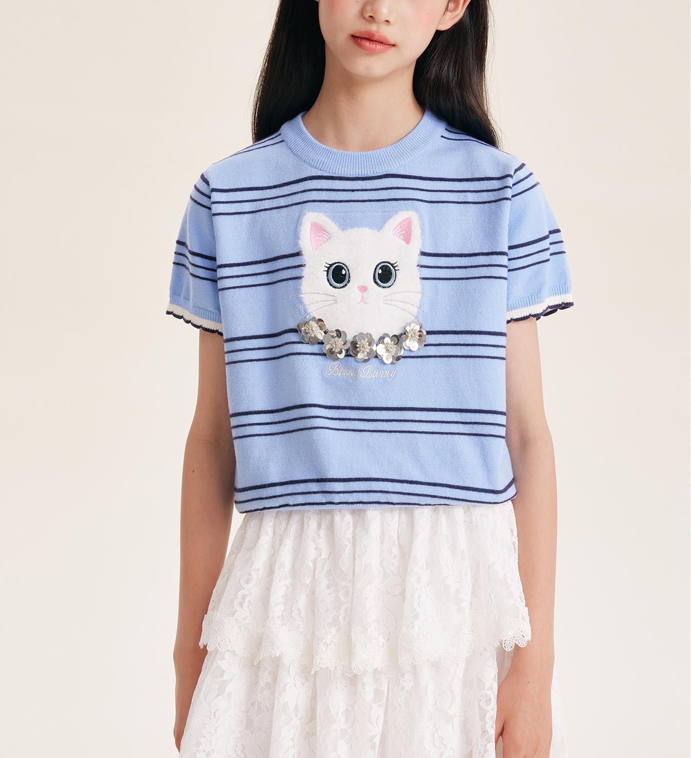 Girls Cartoon Cat Knit Top Short Sleeve Blue Tee