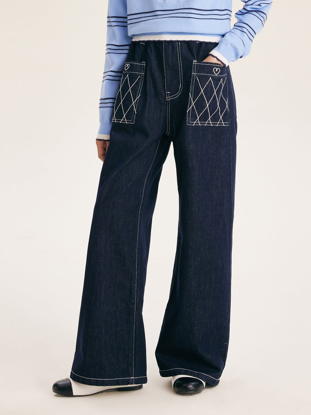 Girls' Wide Leg Denim Pants Dark Blue Casual Jeans