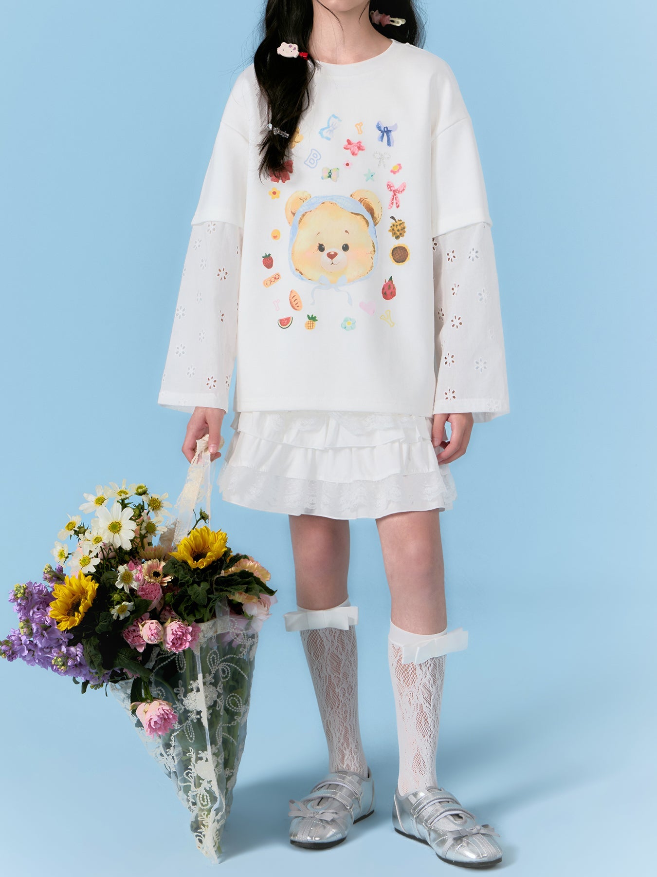 Girls Bear Print Long Sleeve Tee with Lace Patchwork
