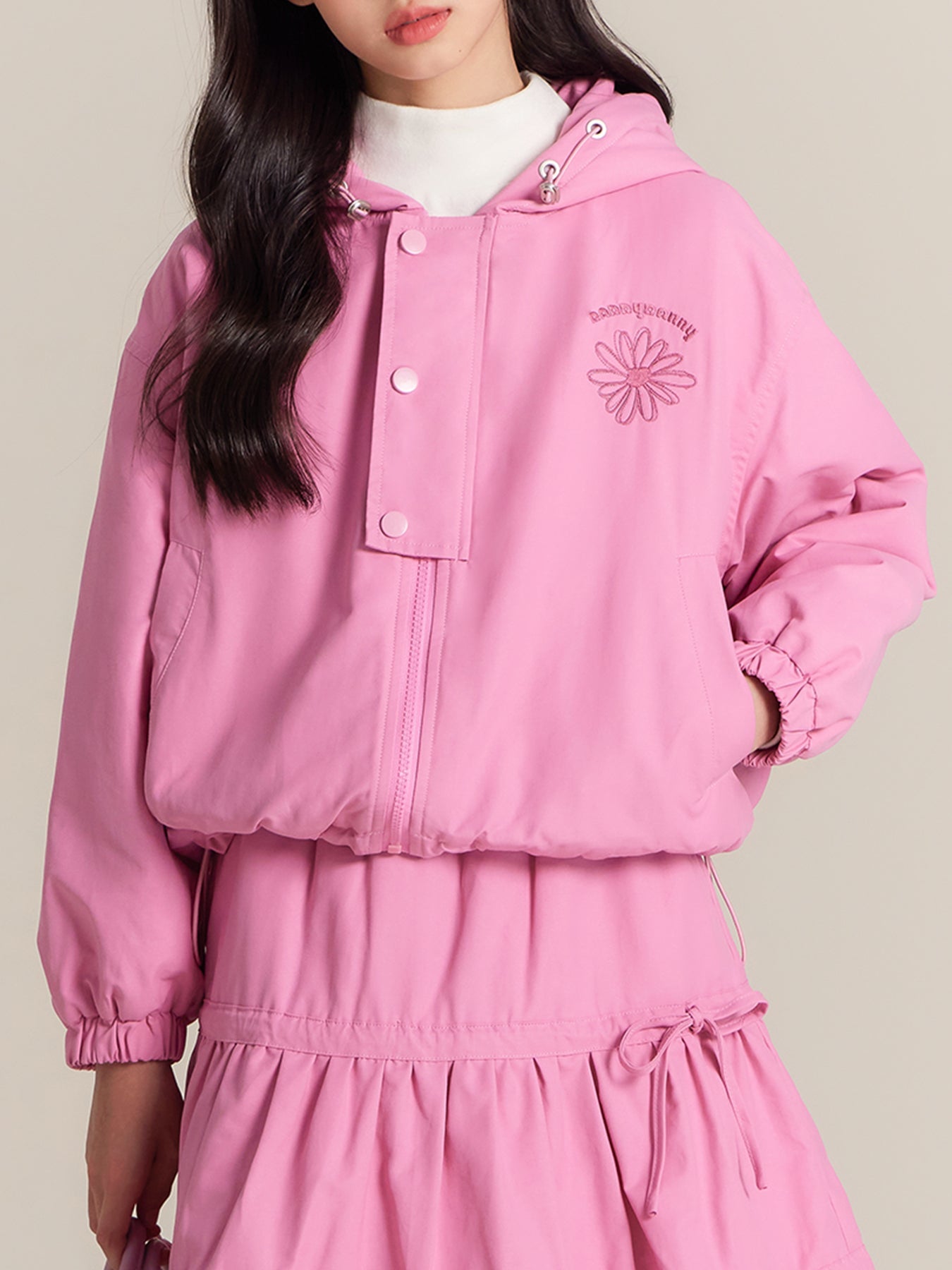 Girls Hooded Jacket with Sunflower Embroidery Pink