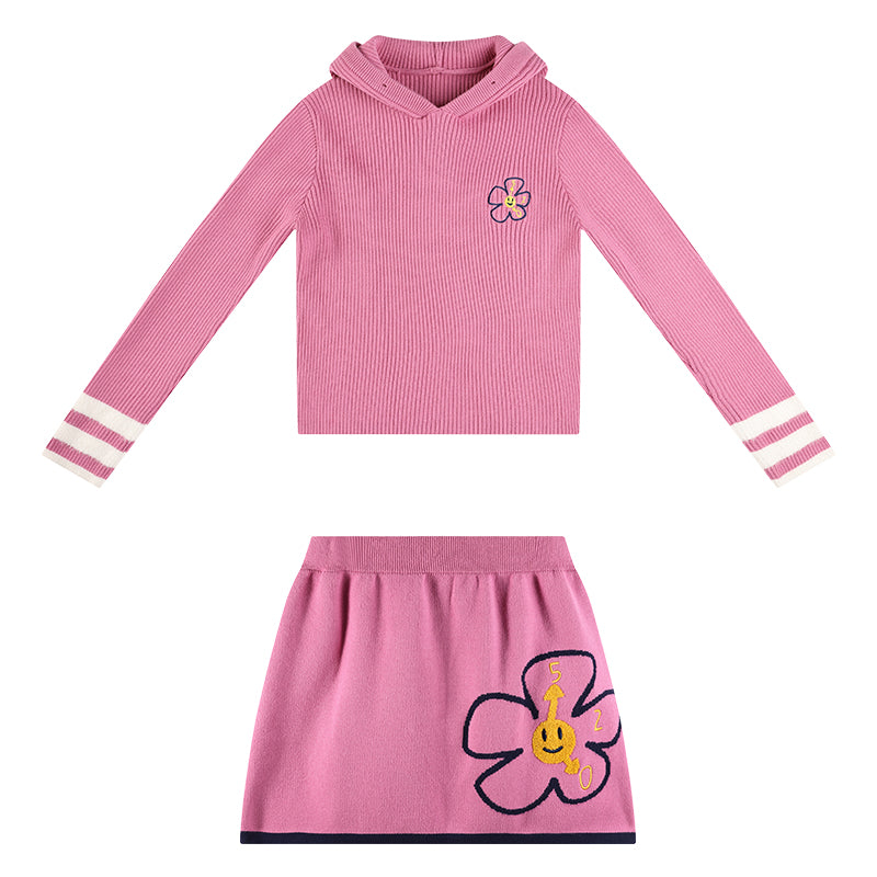 Girls Pink Hoodie Knit Top and Skirt Set