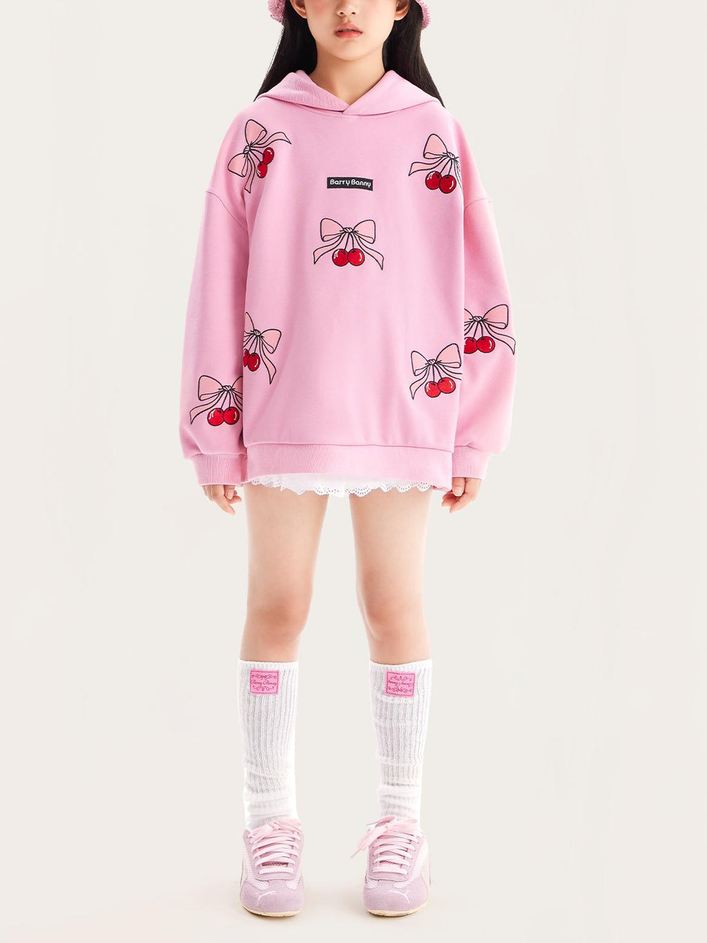 Girls Pink Cherry Hoodie Sweatshirt Casual Loose Fit
