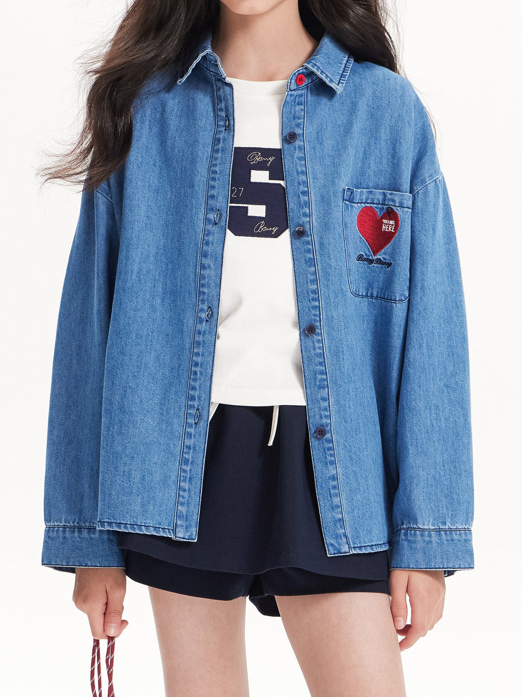Girls Denim Heart Embroidered Shirt Jacket – Blue Classic