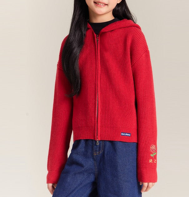 Girls Knit Hoodie with Flower Embroidery