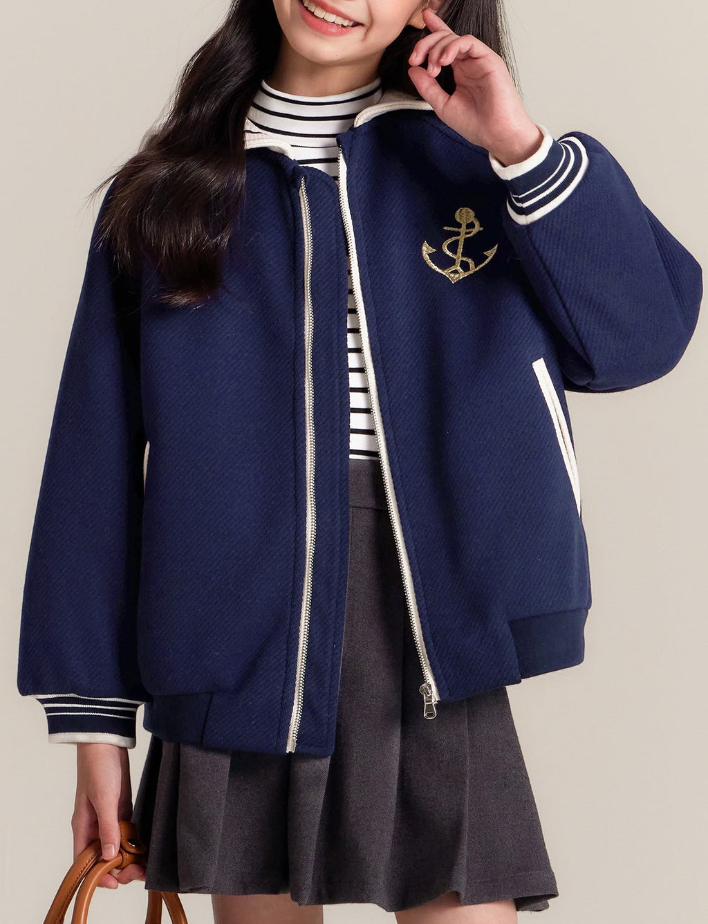 Girls Navy Sailor Collar Jacket Embroidered Casual Coat