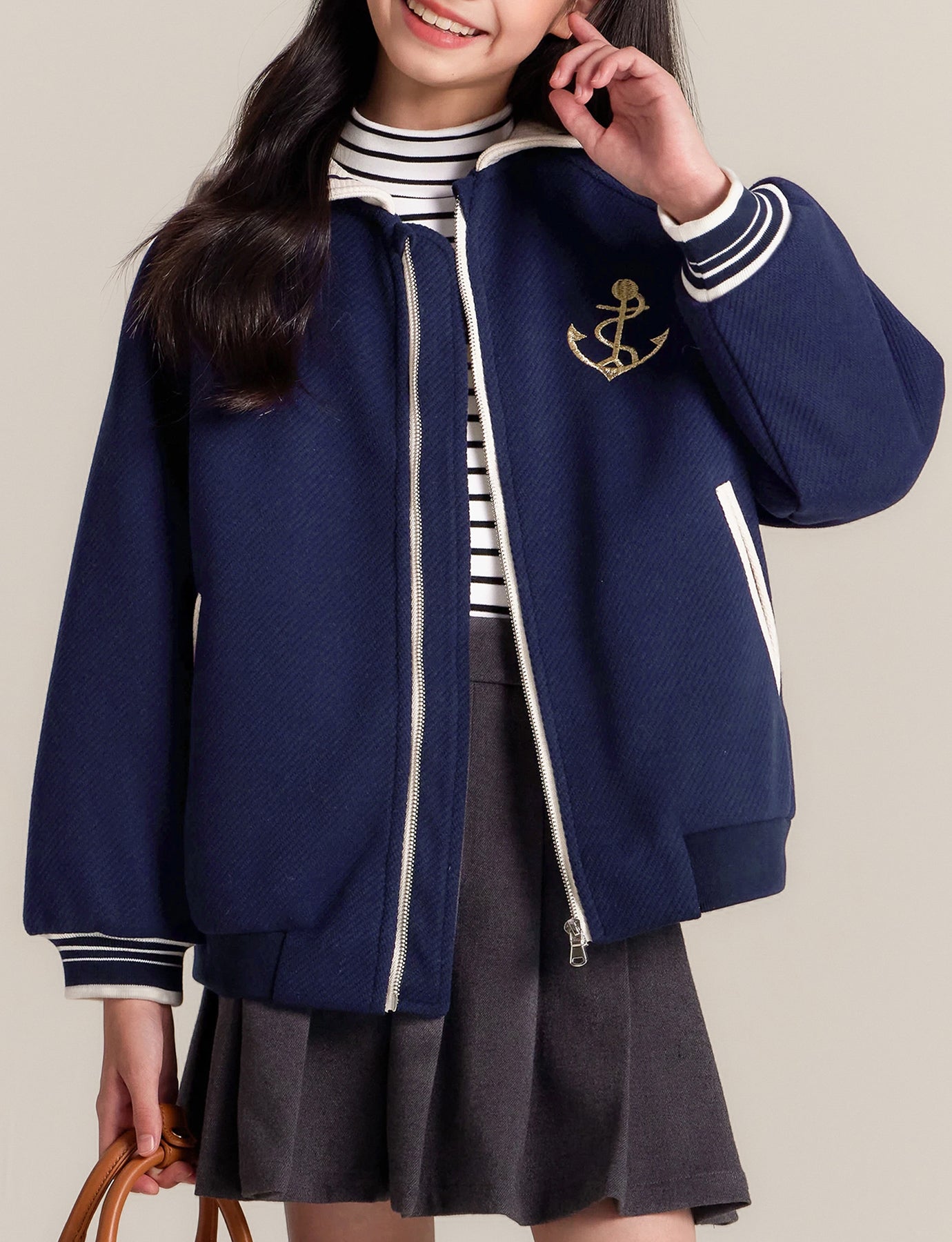 Girls Navy Sailor Collar Jacket Embroidered Casual Coat