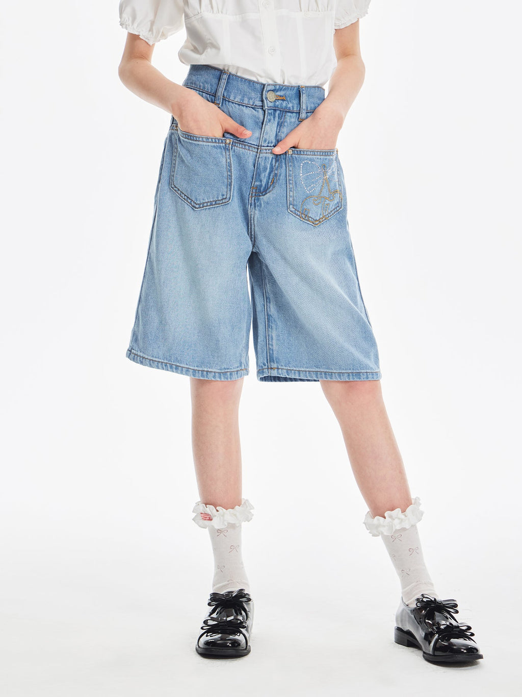 Girls Cherry Embroidered Denim Bermuda Shorts Summer Outfit