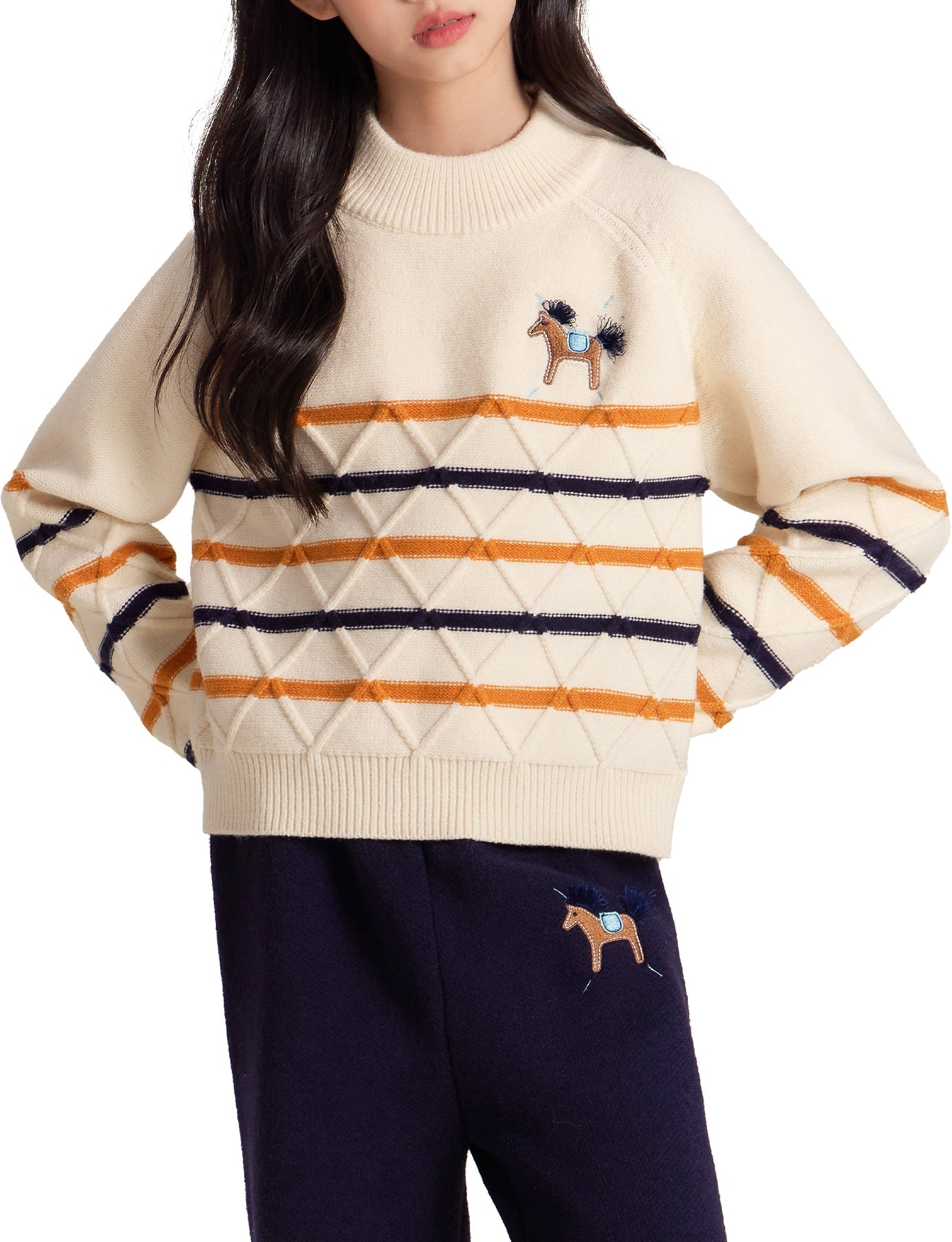 Girls Argyle Stripe Knit Sweater with Horse Embroidery