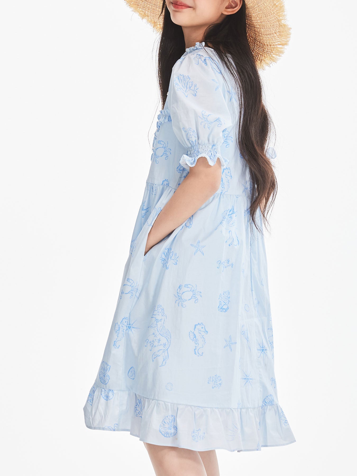 Girls Ruffle Short Sleeve Light Blue Midi Dress