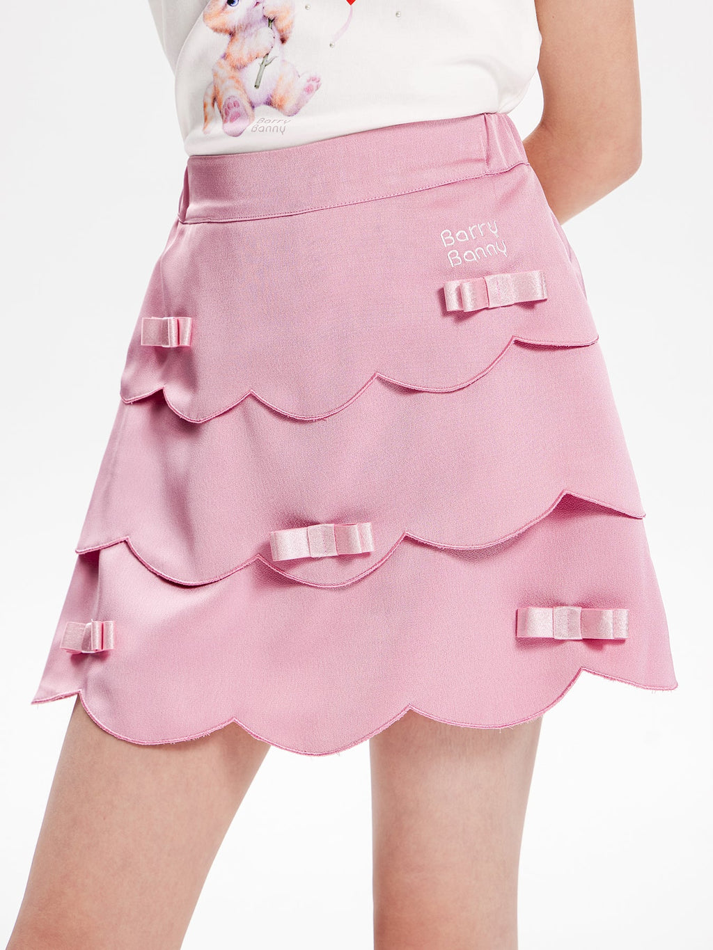 Girls Pink Layered Skirt with Satin Bow Ruffle Hem