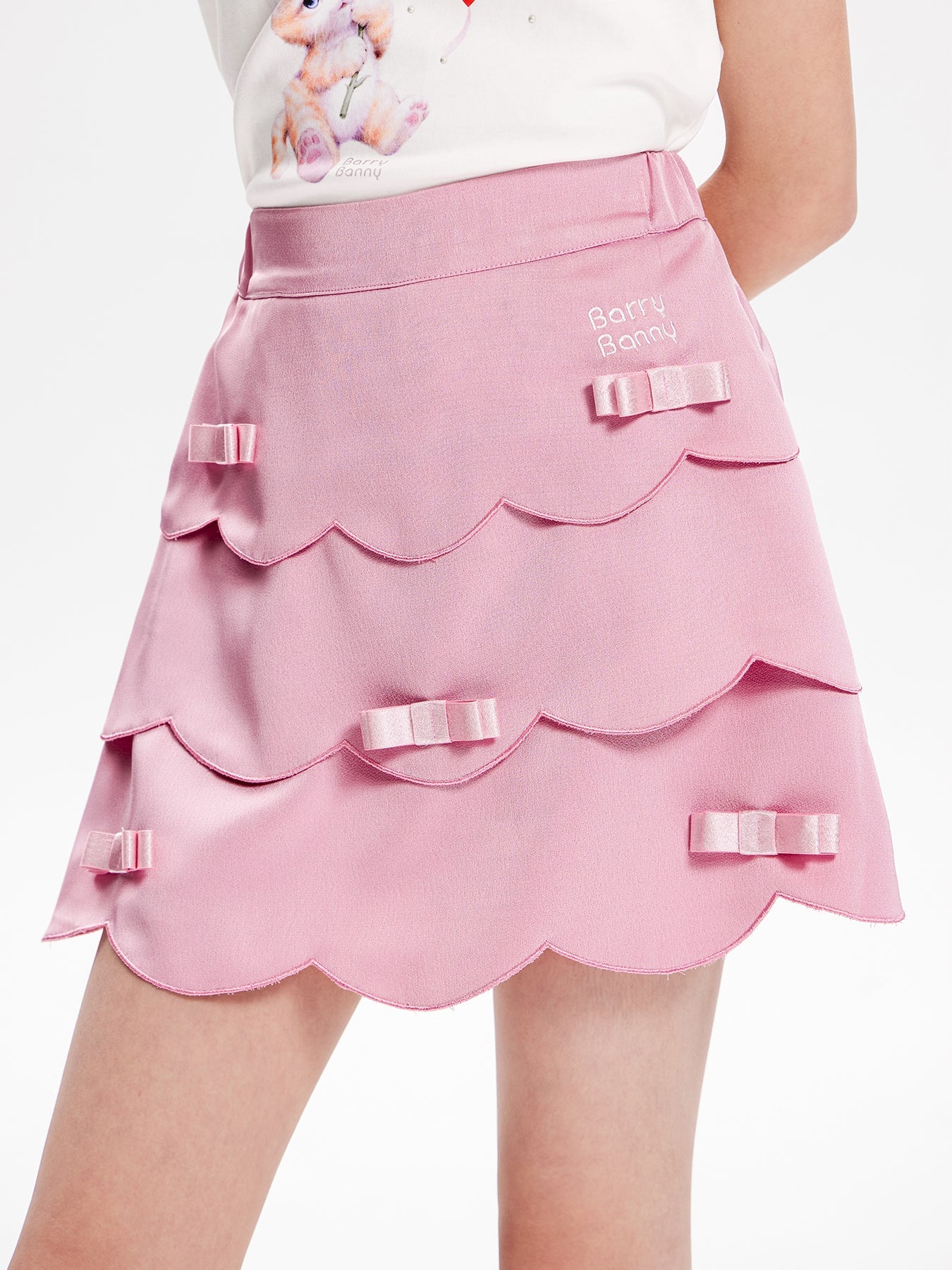 Girls Pink Layered Skirt with Satin Bow Ruffle Hem