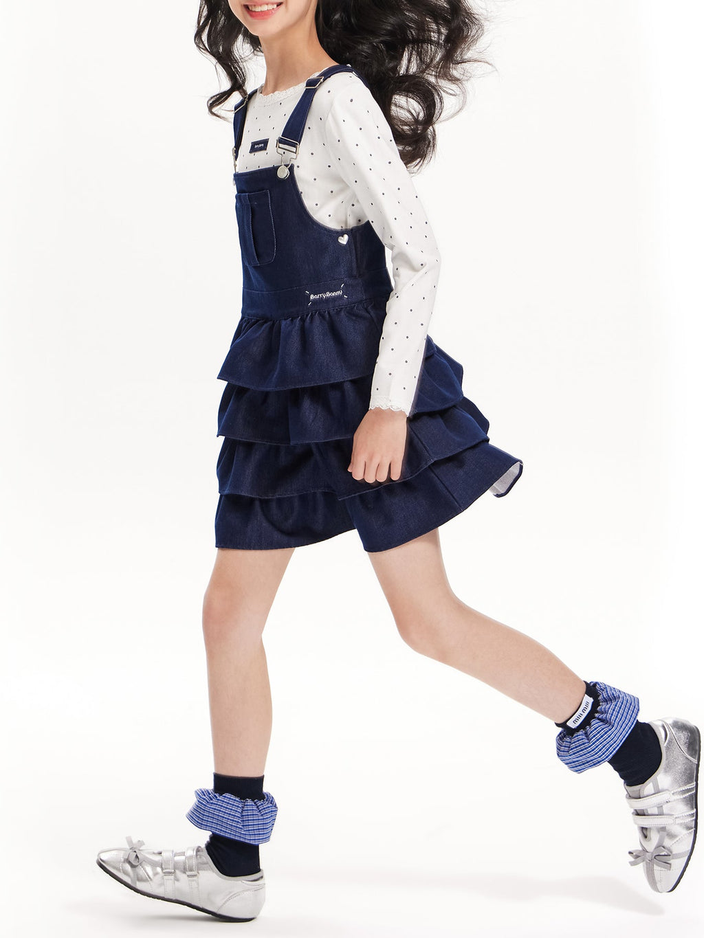 Girls Denim Layered Ruffle Overall Dress Adjustable