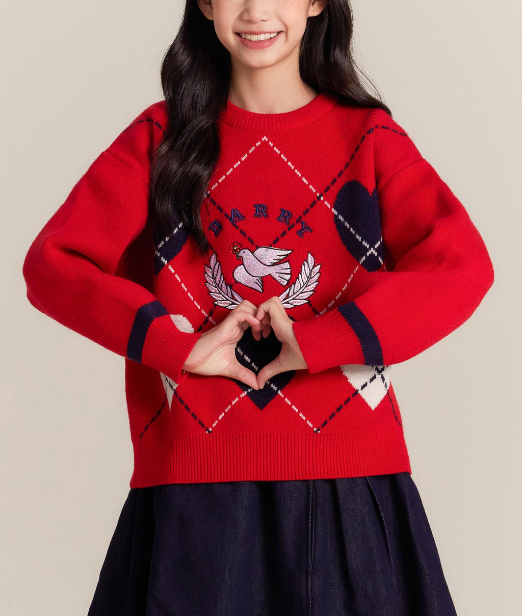 Girls Red Knit Sweater with Heart Embroidery Pullover