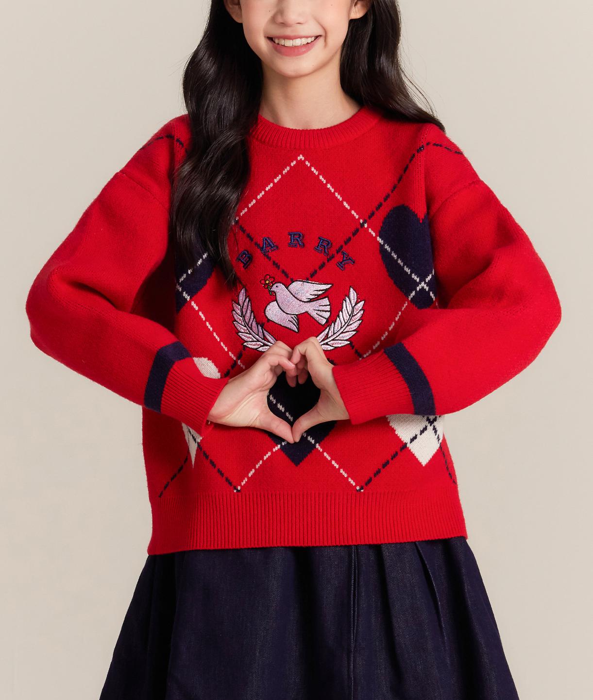 Girls Red Knit Sweater with Heart Embroidery Pullover