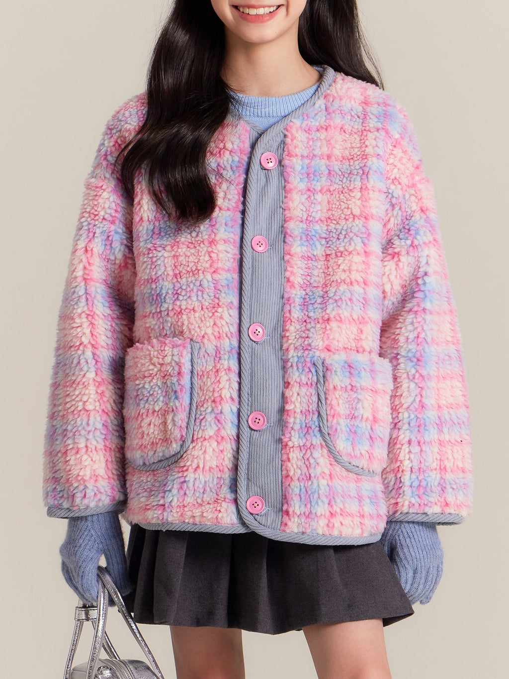 Girls Pink Plaid Sherpa Fleece Jacket Warm Winter Coat