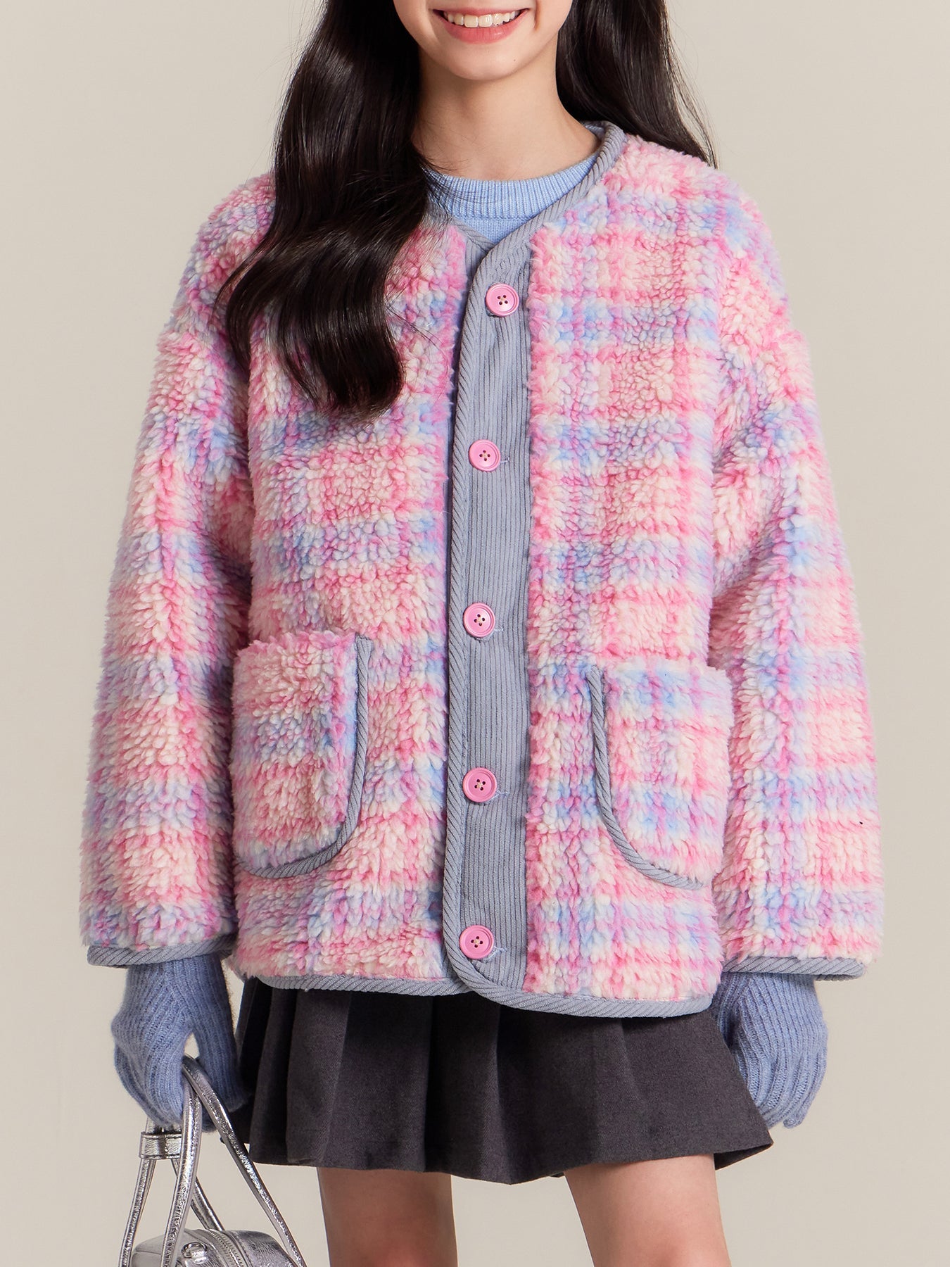 Girls Pink Plaid Sherpa Fleece Jacket Warm Winter Coat