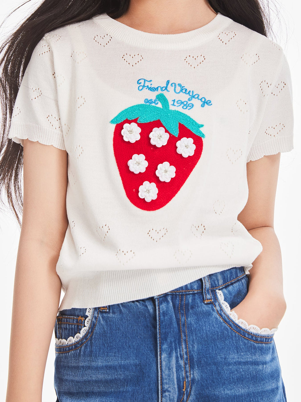 Girls Strawberry Knit T-Shirt Summer Short Sleeve Top