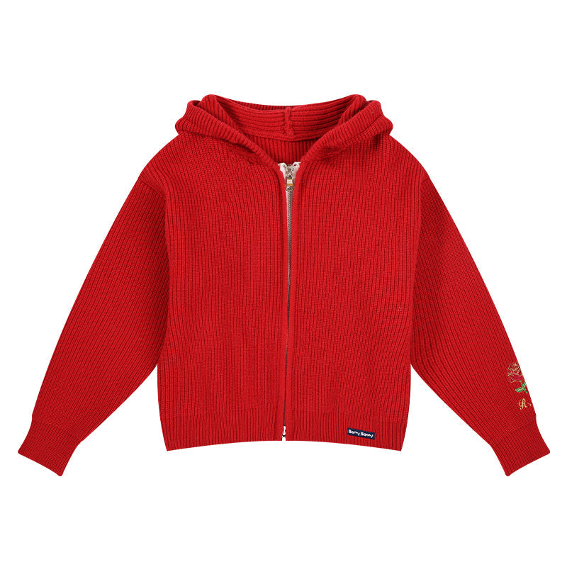 Girls Knit Hoodie with Flower Embroidery