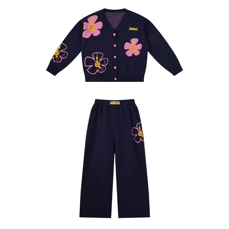 Kids Flower Knit Cardigan and Wide Leg Pants Set